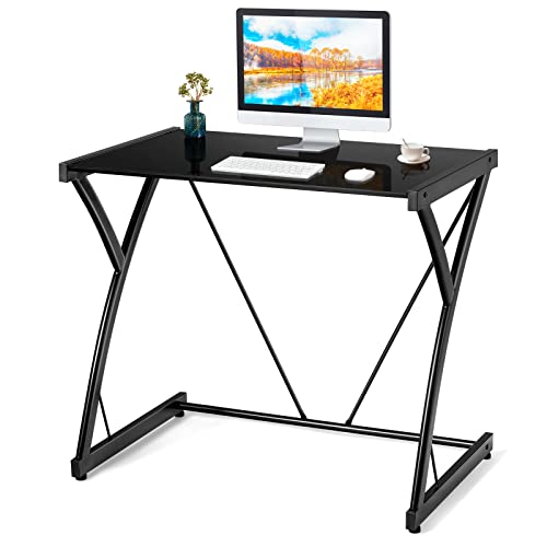 COSTWAY Glass Top Computer Desk, Modern Stylish Writing Desk with Tempered Glass & Z-Shaped Steel Frame, Multipurpose Computer Workstation for Working, Gaming, Making-up, Home Office Desk, Black