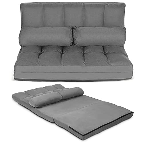 COSTWAY Floor Sofa Couch with 2 Pillows, Foldable 6-Position Adjustable Lazy Sofa Bed Sleeper with Metal Frame, Soft Suede Fabric, Gaming Playing Lounge Recliner for Adults (Grey)