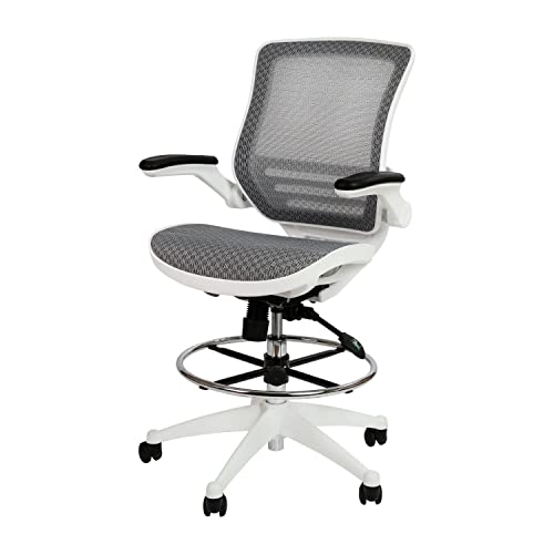 Flash Furniture Waylon Mid-Back Transparent Gray Mesh Drafting Chair with White Frame and Flip-Up Arms