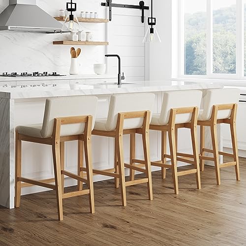 Nathan James Gracie Modern Counter Height Bar Stool with Back, Counter Stool Upholstered Chair with Natural Textured Linen and Brushed Wooden Legs, White/Light Brown, Set of 4