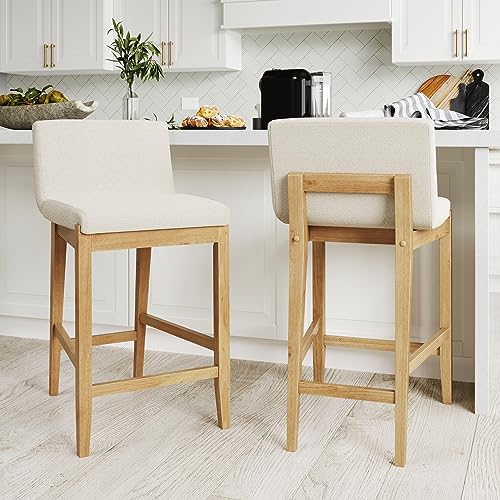 Nathan James Gracie Modern Counter Height Bar Stool with Back, Counter Stool Upholstered Chair with Natural Textured Linen and Brushed Wooden Legs, White/Light Brown, Set of 2