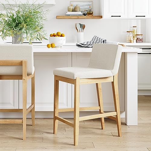 Nathan James Gracie Modern Counter Height Bar Stool with Back, Boucle Upholstered Chair with Natural Textured Linen and Brushed Wooden Legs, White/Light Brown