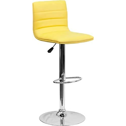 Flash Furniture Vincent 2 Pack Modern Yellow Vinyl Adjustable Bar Stool with Back, Counter Height Swivel Stool with Chrome Pedestal Base