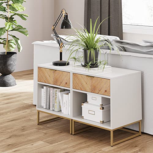 Nathan James Kensi Nightstand Side Accent or End Table with Storage, White/Gold - Set of 2