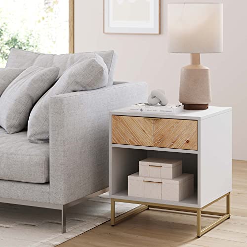 Nathan James Kensi Nightstand Side Accent or End Table with Storage, White/Gold