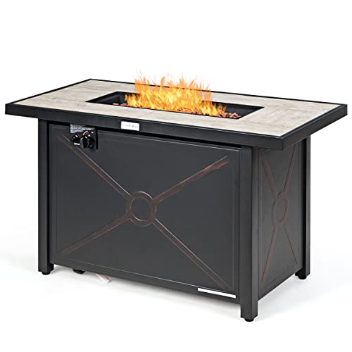 COSTWAY 42" Propane Fire Pit Table, 60,000 BTU Outdoor Rectangle Gas Fire Table W/Ceramic Tabletop, Lava Rock & PVC Cover Included, Stainless Steel Burner, Ideal for Backyard, Poolside