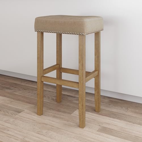 Nathan James Hylie Nailhead Wood Pub-Height Kitchen Counter Bar Stool 29", Natural Flax/Light Brown