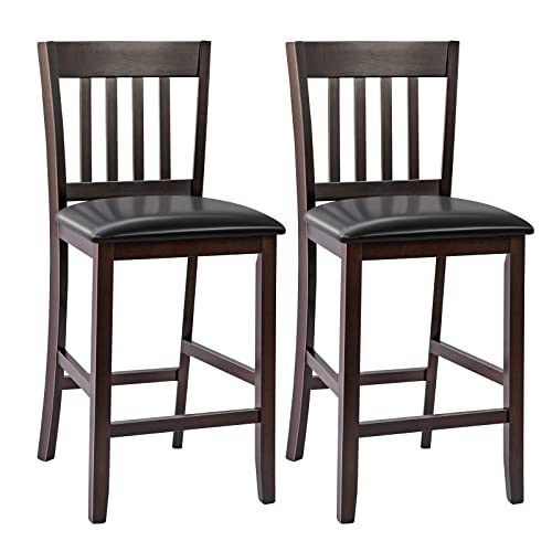 COSTWAY Bar Stools Set of 2, 25Ó Counter Height Pub Chairs with Rubber Wood Legs, Armless Bar Chairs with Elastic Cushion & PU Cover for Kitchen, Living Room, Bar, Fit Residential Use (2)