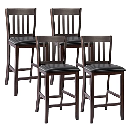 COSTWAY Bar Stools Set of 4, 25Ó Counter Height Pub Chairs with Rubber Wood Legs, Armless Bar Chairs with Elastic Cushion & PU Cover for Kitchen, Living Room, Bar, Fit Residential Use (4)