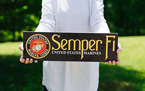 USMC Sign on Solid Maple - SEMPER-FI Wood Sign. Officially Licensed US Marine Corps Gifts for Men or Women. USMC Decorative Wooden Plaque. Measures 6"x 20". Handcrafted from Inch Thick Maple.