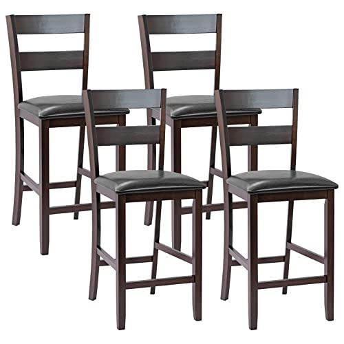 COSTWAY Set of 4 Bar Stools, 25Ó Counter Height Kitchen Dining Pub Chairs with Soft Padded Seat, PU Leather Cover & Rubber Wood Legs, Suitable for Dining Room, Restaurant & Cafe Store (4)