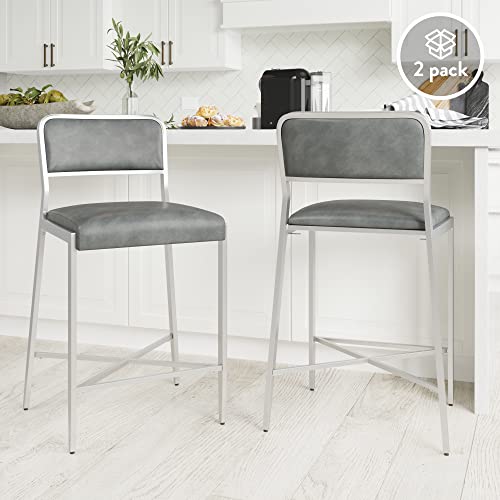 Nathan James 23102 Kira Kitchen Counter Bar Stool with PU Leather Cushion and Metal Frame, Set of 2, 24" with Backrest, Gray/Silver