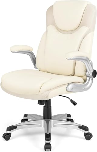 COSTWAY Executive Office Chair, Ergonomic PU Leather Computer Desk Chair w/Flip-up Armrests and Lumbar Support, 360¡ Swivel Task Chair with Rocking Function, High Back Home Office Chair, Beige