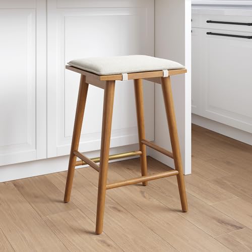 Nathan James Barker Counter Height Backless Solid Wood Barstool with Boucle Upholstered Cushion, with Rubberwood Legs and Natural Textured Linen Upholstery for Kitchen, Brown/White