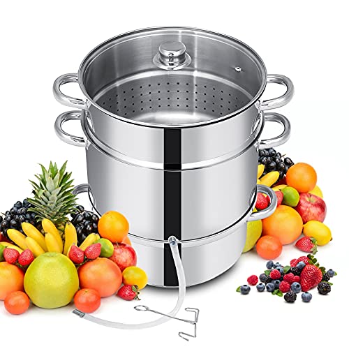 CHEFJOY 11 Quart Juicer Steamer Fruit Vegetables Steamer w/Tempered Glass Lid Hose With Clamp Loop Handles Stainless Steel Multi-Use Home Kitchen Furniture Steam Juicer Making Juice, Jelly, Syrup