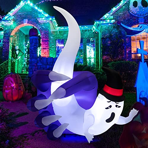 COSTWAY 6 FT Halloween Inflatable Hand Hold The Ghost with Built-in LED & Air Blower