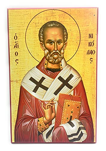 Wooden Greek Orthodox Christian Icon Saint Nicholas of Myra the Wonderworker (12" x 18")