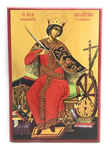 Wooden Greek Orthodox Christian Icon Saint Great Martyr Catherine (13" x 19")