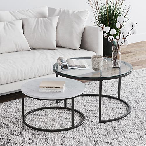 Nathan James Stella Round Modern Nesting Set of 2, Stacking Living Room Accent Tables with Wood, Glass or Faux Marble and Powder Coated Metal Frame, White/Gunmetal