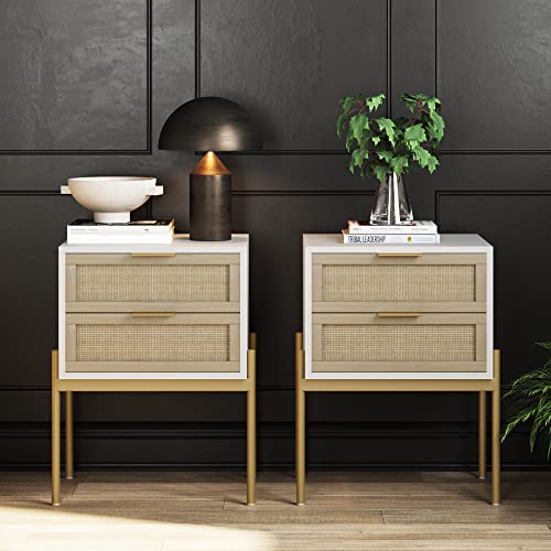 Nathan James Andrew Nightstand, Accent Bedside End Side Table with Storage Drawer, and Mid-Century Modern Legs for Living Room or Bedroom, Set of 2, White/Cane/Gold