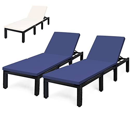 COSTWAY 2PCS Patio Rattan Lounge Chair Chaise Recliner Adjust w/Navy & Off White Cover