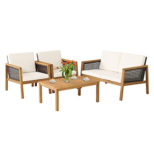 COSTWAY 4PCS Patio Rattan Furniture Set Acacia Wood Cushioned Sofa Off White