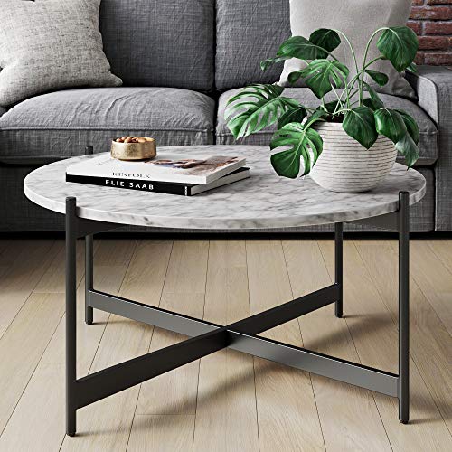 Nathan James Piper Faux White Marble Round Modern Living Accent Side or Coffee, Sofa Center for Dining Room/Tea with Metal Frame, Black