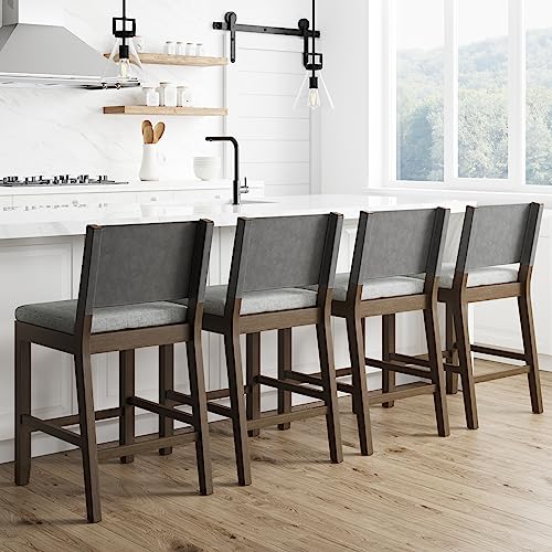 Nathan James Linus Modern Upholstered Counter Height Bar Stool with Faux Leather Back and Solid Rubberwood Legs in a Wire-Brushed Dark Brown Finish, Birch Ivory/Pewter Grey, Set of 4