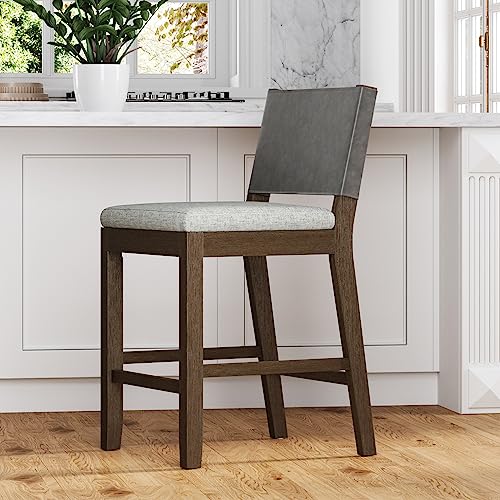 Nathan James Linus Modern Upholstered Counter Height Bar Stool with Faux Leather Back and Solid Rubberwood Legs in a Wire-Brushed Dark Brown Finish, Birch Ivory/Pewter Grey