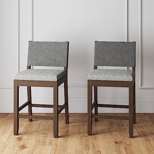 Nathan James Linus Modern Upholstered Counter Height Bar Stool with Faux Leather Back and Solid Rubberwood Legs in a Wire-Brushed Dark Brown Finish, Birch Ivory/Pewter Grey, Set of 2