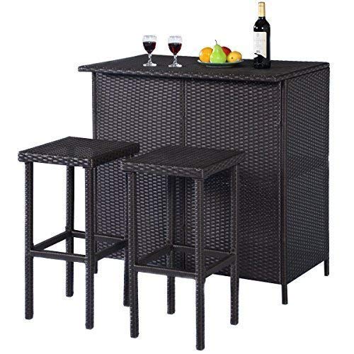 COSTWAY New 3PCS Rattan Wicker Bar Set Patio Outdoor Table & 2 Stools Furniture