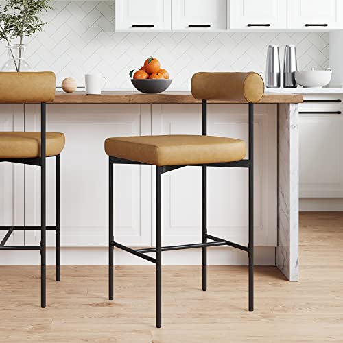 Nathan James Dahlia Counter Height Chair, Modern Barstool with Back, Mid-Century Metal Legs and Leather Padded Cushion for Kitchen, Island and Bars, Brown/Black