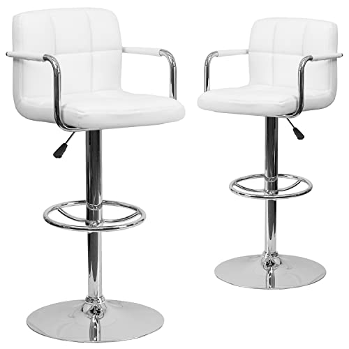 Flash Furniture Genna 2 Pack Contemporary White Quilted Vinyl Adjustable Height Barstool with Arms and Chrome Base