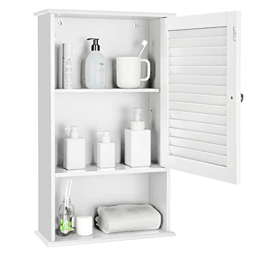 COSTWAY Bathroom Wall Cabinet, Large Capacity Storage Cabinet w/Single Louver Door & Height Adjustable Shelf, Wood Wall Mounted Medicine Cabinet for Bathroom, Living Room, Kitchen (White)