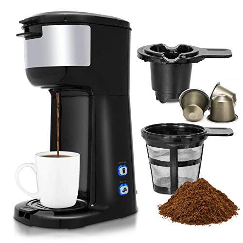 COSTWAY Coffee Maker, 1000W Portable Auto Shut off 2-in-1 Coffee Maker, Single Cup Coffee Brewer Built-in Filter, Thermal Drip Instant Coffee Machine, Ground Coffee and Coffee Capsules Machine, Black