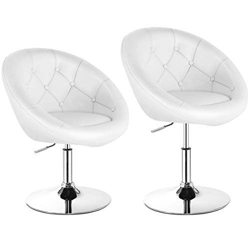 COSTWAY Vanity Chair, Set of 2 Contemporary Height Adjustable Makeup Chair with Chrome Frame, Tufted Round-Back, Modern Swivel Accent Chair for Lounge, Pub, Bar, White