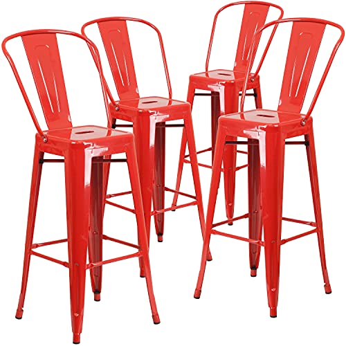 Flash Furniture Lily Commercial Grade 4 Pack 30" High Red Metal Indoor-Outdoor Barstool with Removable Back