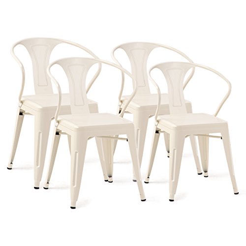 COSTWAY Tolix Style Dining Chairs Industrial Vintage Chic Metal Stackable High Back Indoor Outdoor Dining Bistro CafŽ Kitchen Arm Side Chairs (Matt White Set of 4)