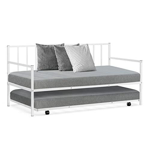 COSTWAY Twin Size Daybed and Trundle, Metal Frame Daybed and Roll Out Trundle w/Steel Slat Support & 4 Lockable Casters, Heavy-Duty Daybed for Guest Room, Bedroom (White)