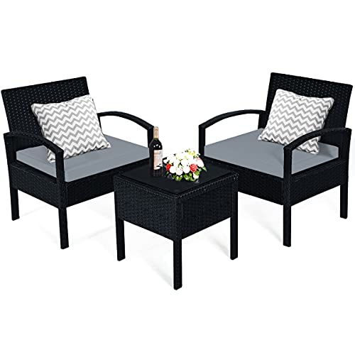 COSTWAY 3-Piece Rattan Patio Furniture Set with Seat Cushions in Gray/Black