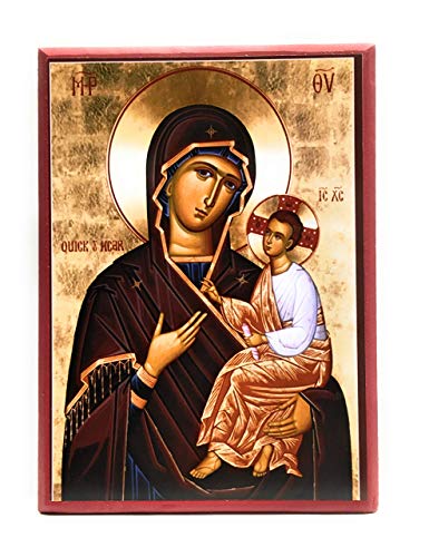 Wooden Greek Orthodox Christian Icon Saint Virgin Mary the Theotokos Quick to Hear (5.5" x 7.5")