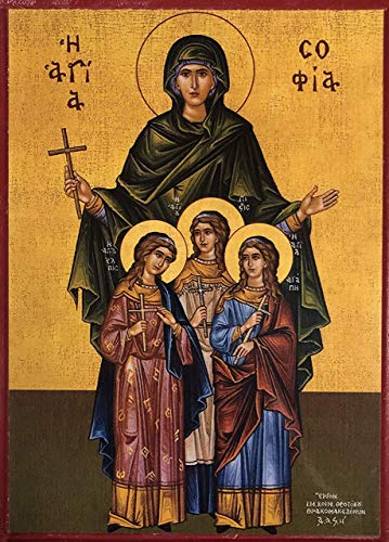 Wooden Greek Orthodox Christian Icon Martys Saint Sophia and Children Saints Faith, Hope, Love (5.5" x 7.5")