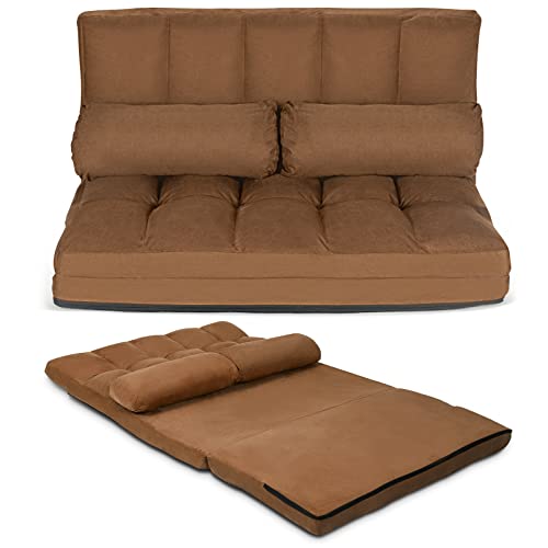 COSTWAY Floor Sofa Couch with 2 Pillows, Foldable 6-Position Adjustable Lazy Sofa Bed Sleeper with Metal Frame, Soft Suede Fabric, Gaming Playing Lounge Recliner for Adults (Brown)