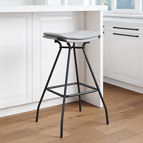 Nathan James Dominique 30 inch Industrial Backless Kitchen Bar Stool with Upholstered Saddle Seat and Black Metal Base, Light Grey/Black