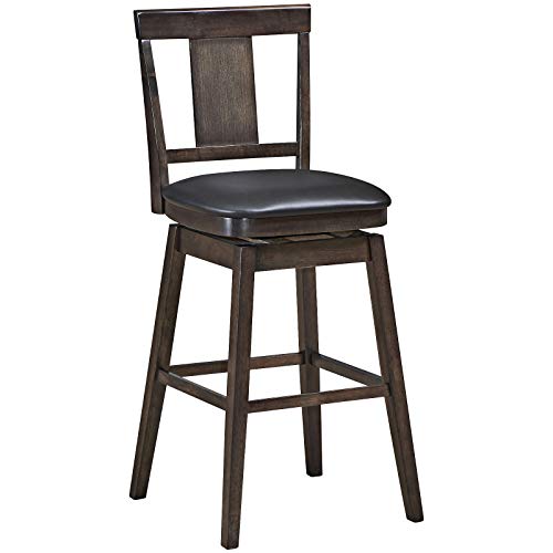 COSTWAY Bar Stools, 360 Degree Swivel, Classic Wooden Bar Height Bar Stool, Leather Padded Seat, Single Slat Back & Solid Rubber Wood Legs, Upholstered Stool for Dining and Living Room (1, 29)