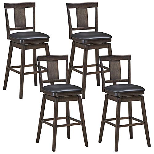 COSTWAY Bar Stools, 360 Degree Swivel, Classic Wooden Bar Height Bar Stool, Leather Padded Seat, Single Slat Back & Solid Rubber Wood Legs, Upholstered Stool for Dining and Living Room (4, 29)