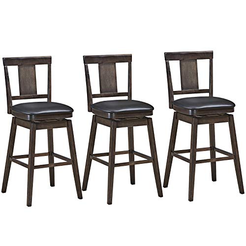 COSTWAY Bar Stools Set of 3, 360 Degree Swivel, Wooden Bar Height Bar Stool, Leather Padded Seat, Single Slat Back & Solid Rubber Wood Legs, Upholstered Stool for Dining and Living Room (3, 29)