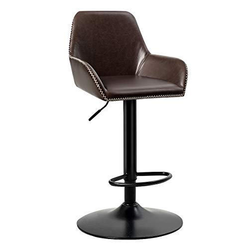 COSTWAY Vintage Bar Stools, Adjustable Swivel Bar Chairs with Backrest and Footrest, Soft Cushioned Leather Seat, Comfortable barstools for Bar, Kitchen, Dining Room, Bistro Pub, Brown (1 Stool)