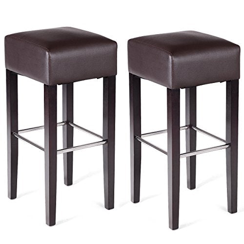 COSTWAY Set of 2 Bar Stool Modern Contemporary Bar Height Backless Padded Seat Pub Bistro Kitchen Dining Side Stools with Solid Wood Legs (Brown)