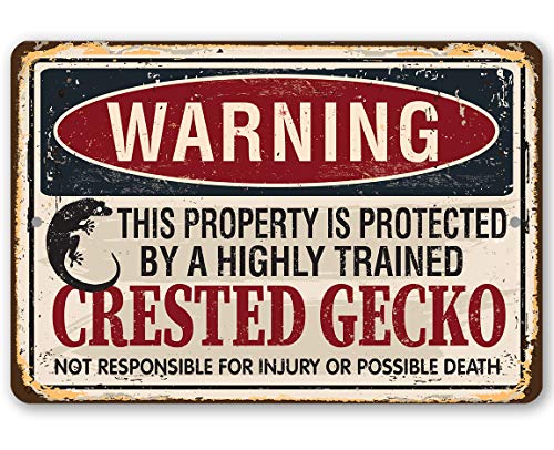 Warning Property Protected By Crested Gecko - Classic Patio Decoration Outdoor Wall Art, Entryway and Backyard Display, 12x18 Use Indoors or Outdoors Durable Rustic Metal Sign